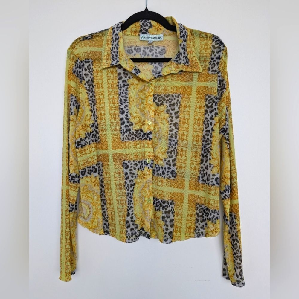 Almost Famous Y2K Funky Leopard Print Semi-Sheer Long Sleeve Button Up Sz 2X